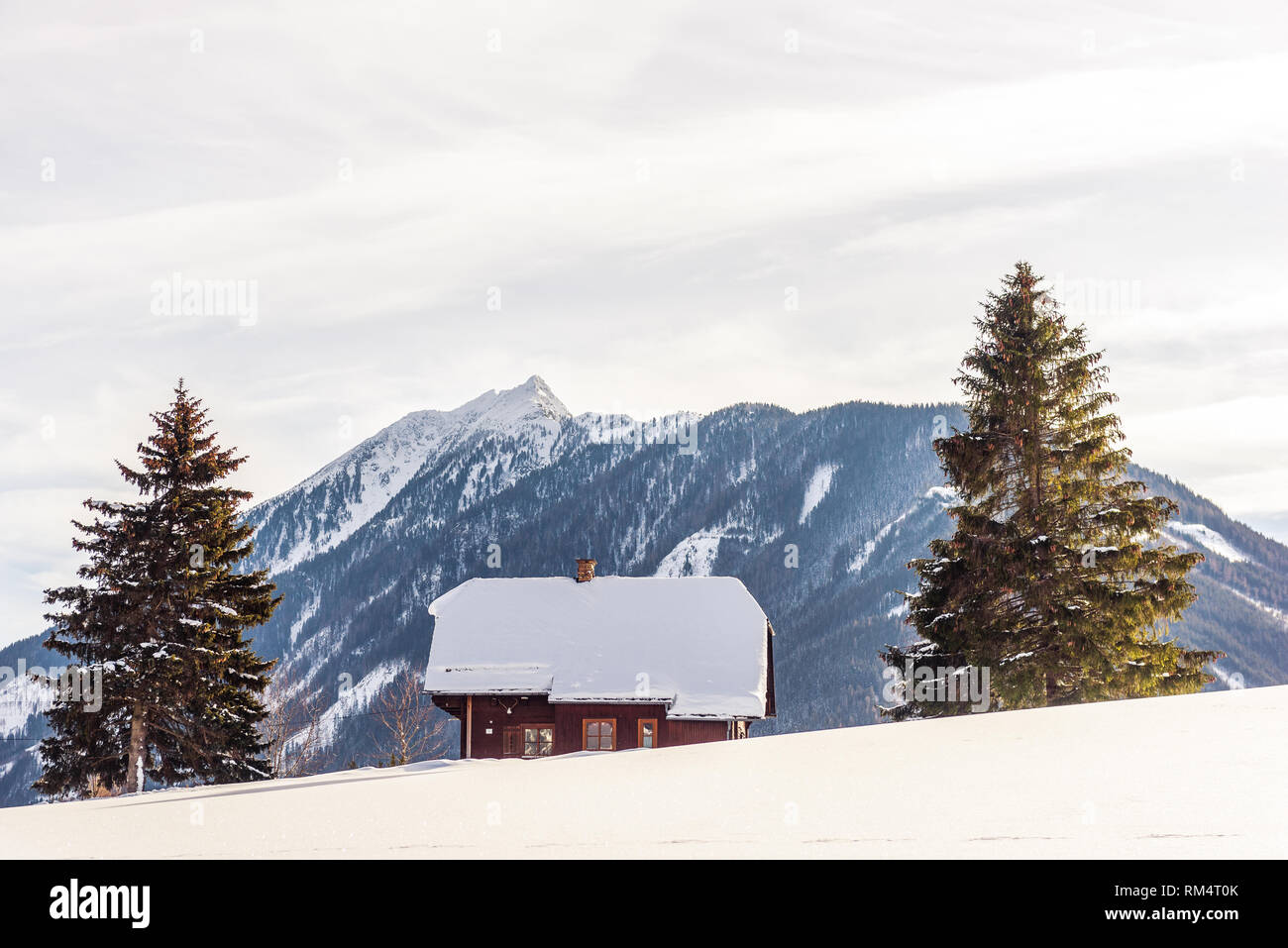 Casa di montagna e due alberi, montagne dalle vette innevate sullo sfondo nella regione sciistica di Schladming-Dachstein, Liezen District, Stiria, Austria, Europa Foto Stock