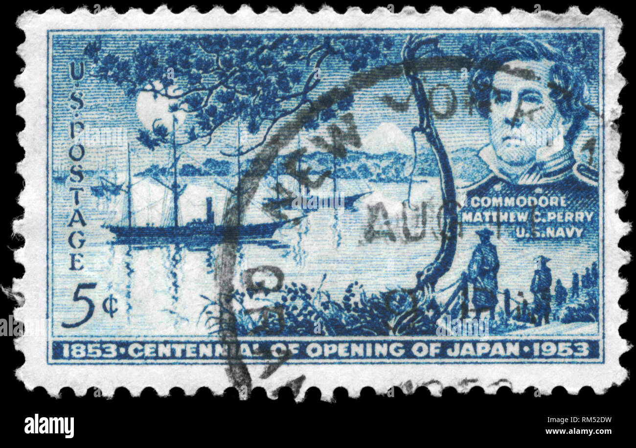 Stati Uniti - circa 1953: un timbro stampato negli Stati Uniti d'America dedicata al secolo di Commodore Matthew Calbraith Perry's negoziati con il Giappone, che ha aperto le sue porte per Foto Stock
