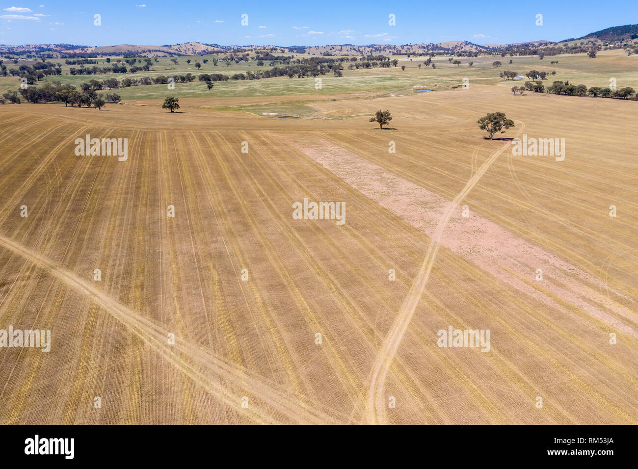 Ampia vista aerea di terra agricola nei pressi di Cowra nel centro-ovest del Nuovo Galles del Sud. Le aree intorno a Cowra sono molto produttiva in terreni agricoli per shee Foto Stock