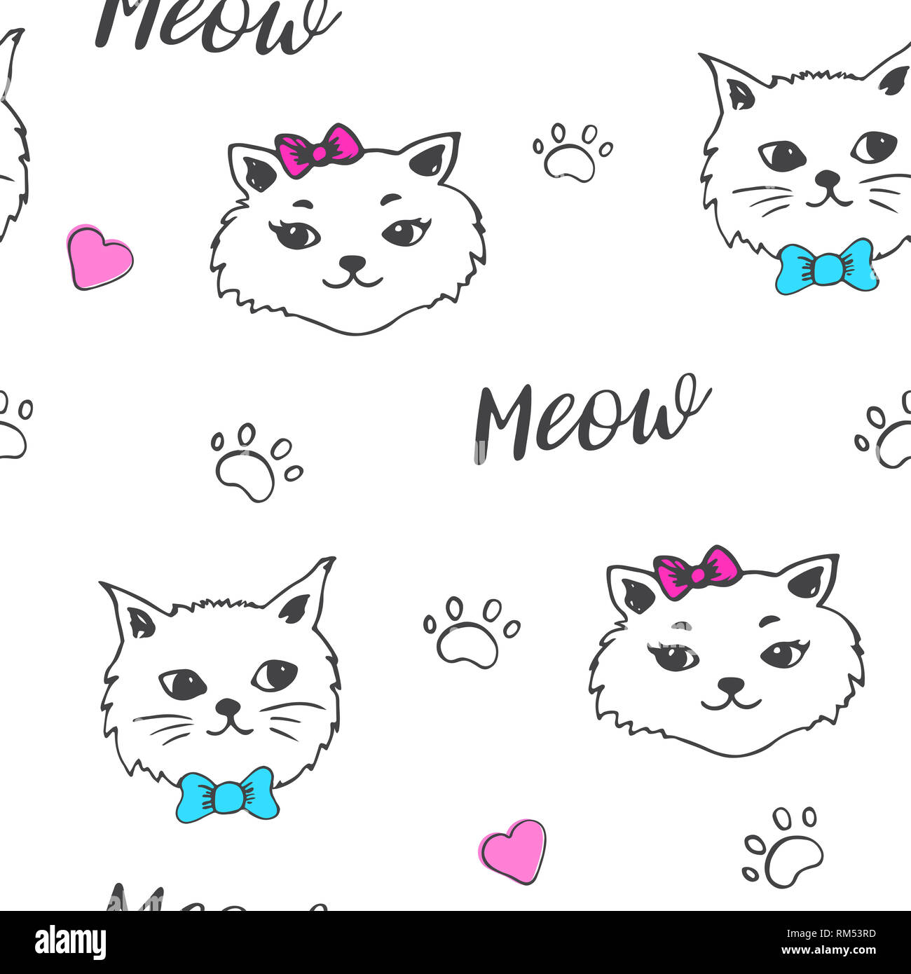 Cute cat seamless pattern. Sfondo decorativo con animali. Doodle stile. Foto Stock