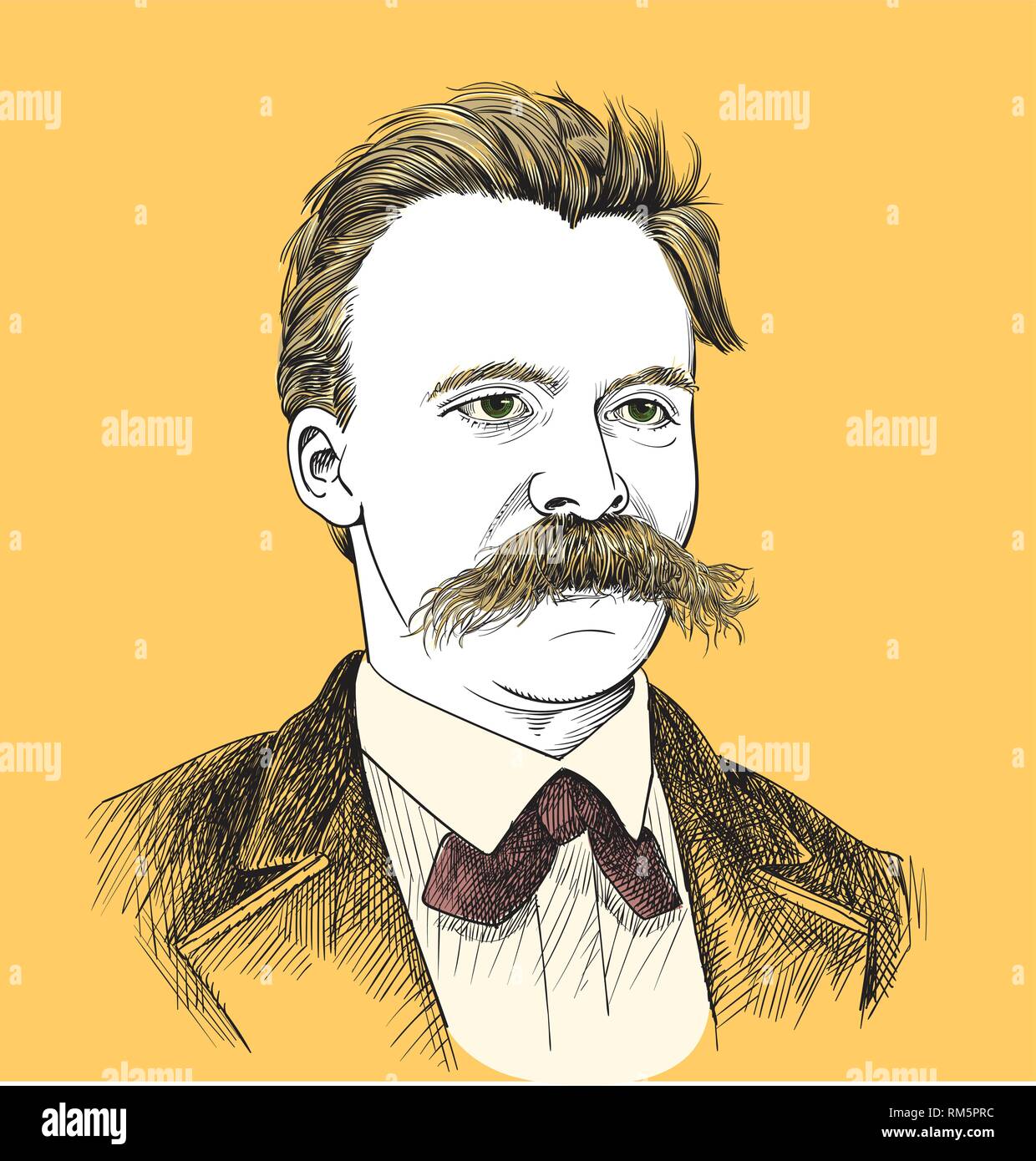 Friedrich Nietzsche ritratto in linea tecnica illustrazione. Egli era filosofo tedesco, filologo, poeta, compositore e studioso di musica classica. Livelli modificabili. Illustrazione Vettoriale