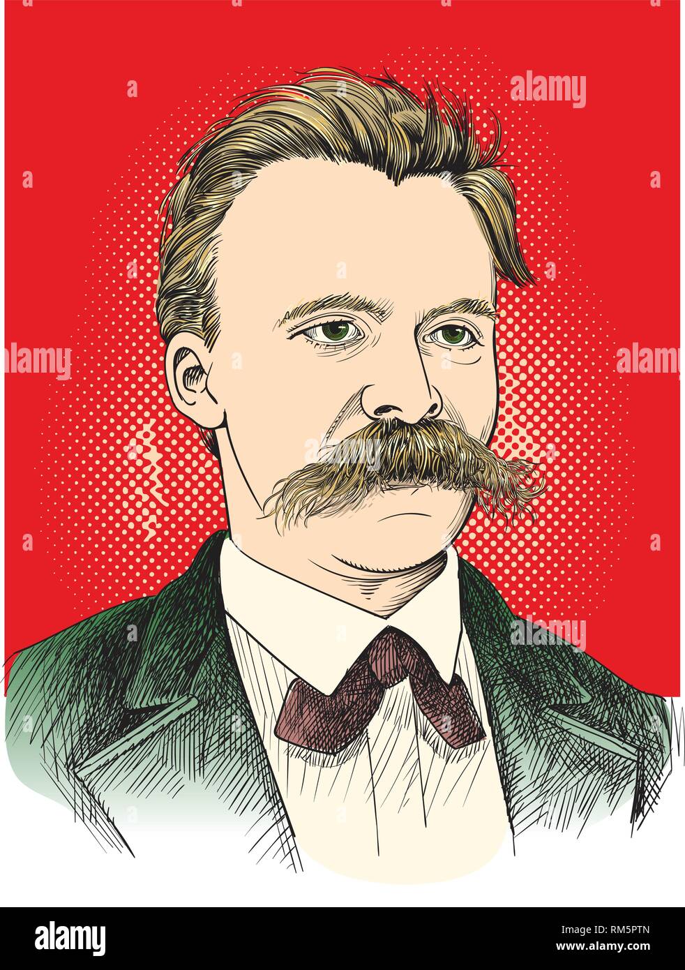 Friedrich Nietzsche ritratto in linea tecnica illustrazione. Egli era filosofo tedesco, filologo, poeta, compositore e studioso di musica classica. Livelli modificabili. Illustrazione Vettoriale