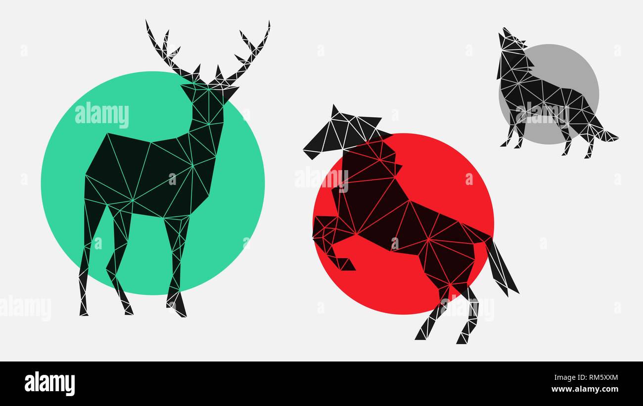 Piatta, alla moda, elegante, icone geometriche con i cervi, cavallo, Wolf. Illustrazione Vettoriale