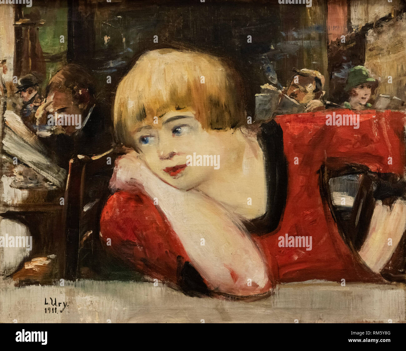 Lesser Ury (1861-1931), presso il Café. Donna in rosso, 1911. Im Cafe. Frau in Rot. Alte Nationalgalerie di Berlino, Germania. Foto Stock