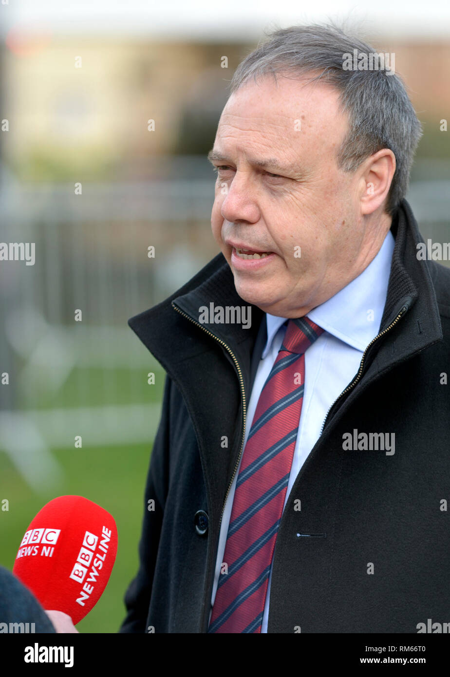 Nigel Dodds MP (DUP: Belfast nord) vice leader del DUP in Westminster, intervistato su College Green, Westminster, London Feb 2019 Foto Stock