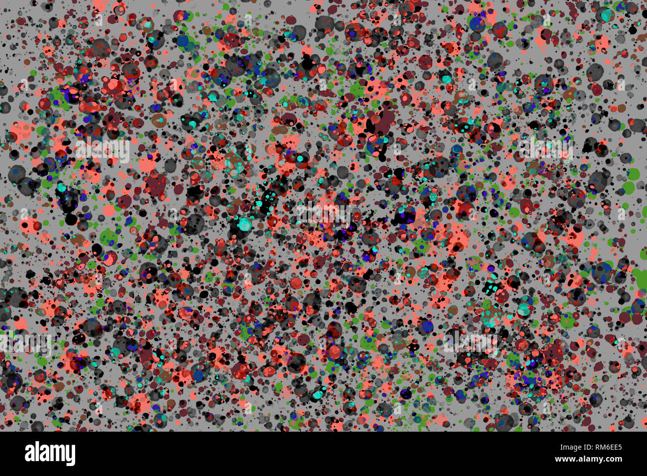 Coralli viventi colore dell'anno 2019. Nero lucido, verde, viola e corallo round casuale gli spruzzi di vernice su sfondo grigio. Texture astratta Foto Stock