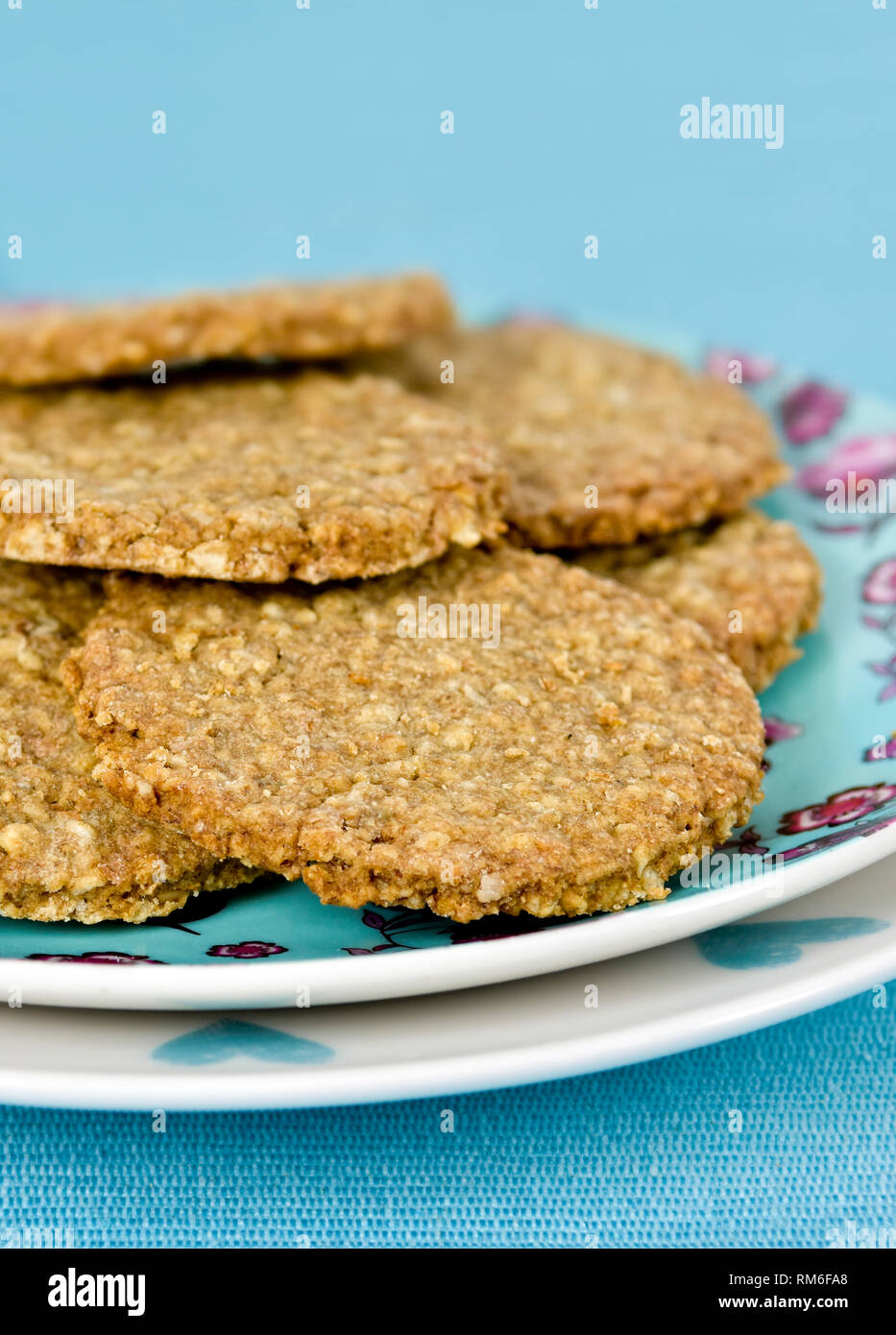Appena sfornato digestivi fatti in casa i biscotti sulla piastra contro uno sfondo blu Foto Stock