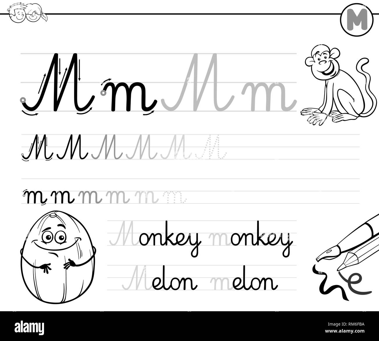 Bianco e Nero Cartoon illustrazione di abilità di scrittura pratica con la  lettera M per la scuola materna ed elementare i bambini di età i libri a  colori Immagine e Vettoriale -