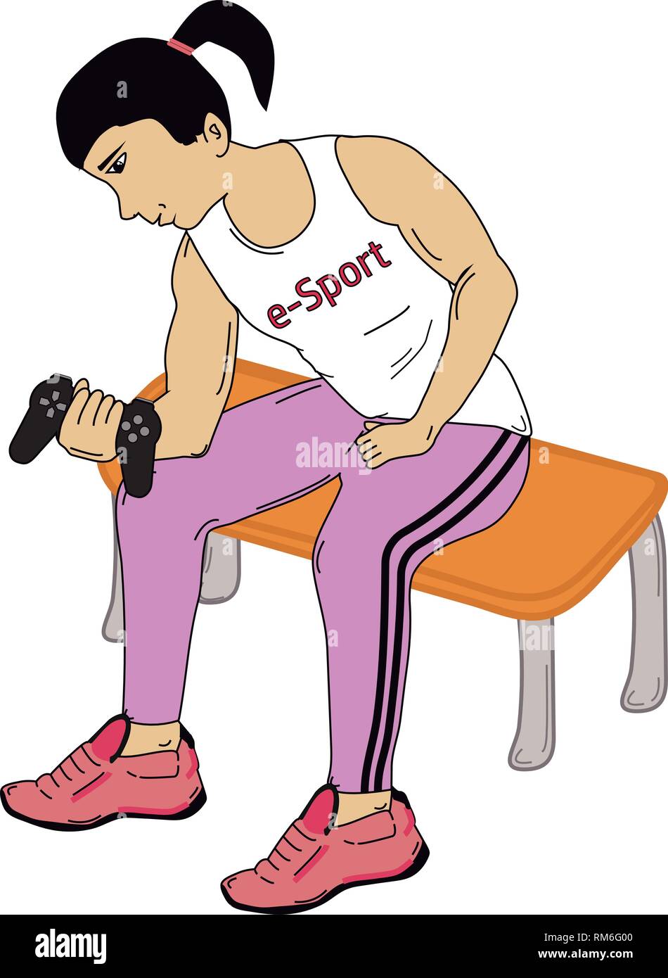 Formazione per l'e-sport, concetto. Donna muscolare nello sport vestiti di sollevamento giochi video controller come se fosse un peso. Vettore o illustrazione. Illustrazione Vettoriale