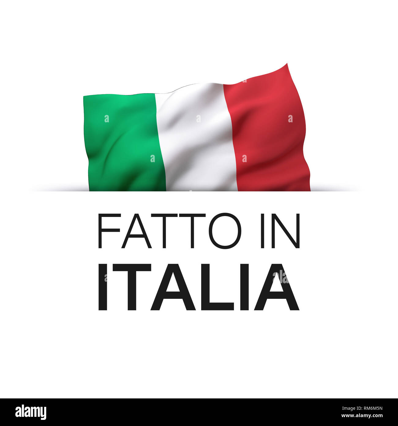 Made in Italy scritto in lingua italiana. Etichetta di garanzia con una sventola bandiera italiana. Foto Stock