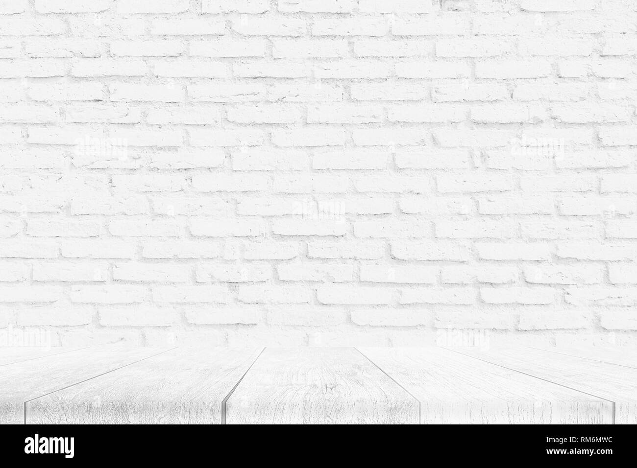 Bianco parete di mattoni Texture con pavimento di legno , vuoto sfondo astratto per presentazioni e web design. Un sacco di spazio per la composizione del testo immagine di arte Foto Stock
