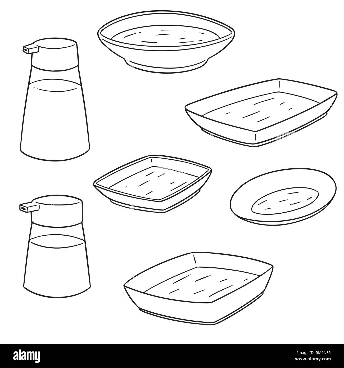 Set di vettore di condimento bottiglia e piatto di condimento Illustrazione Vettoriale