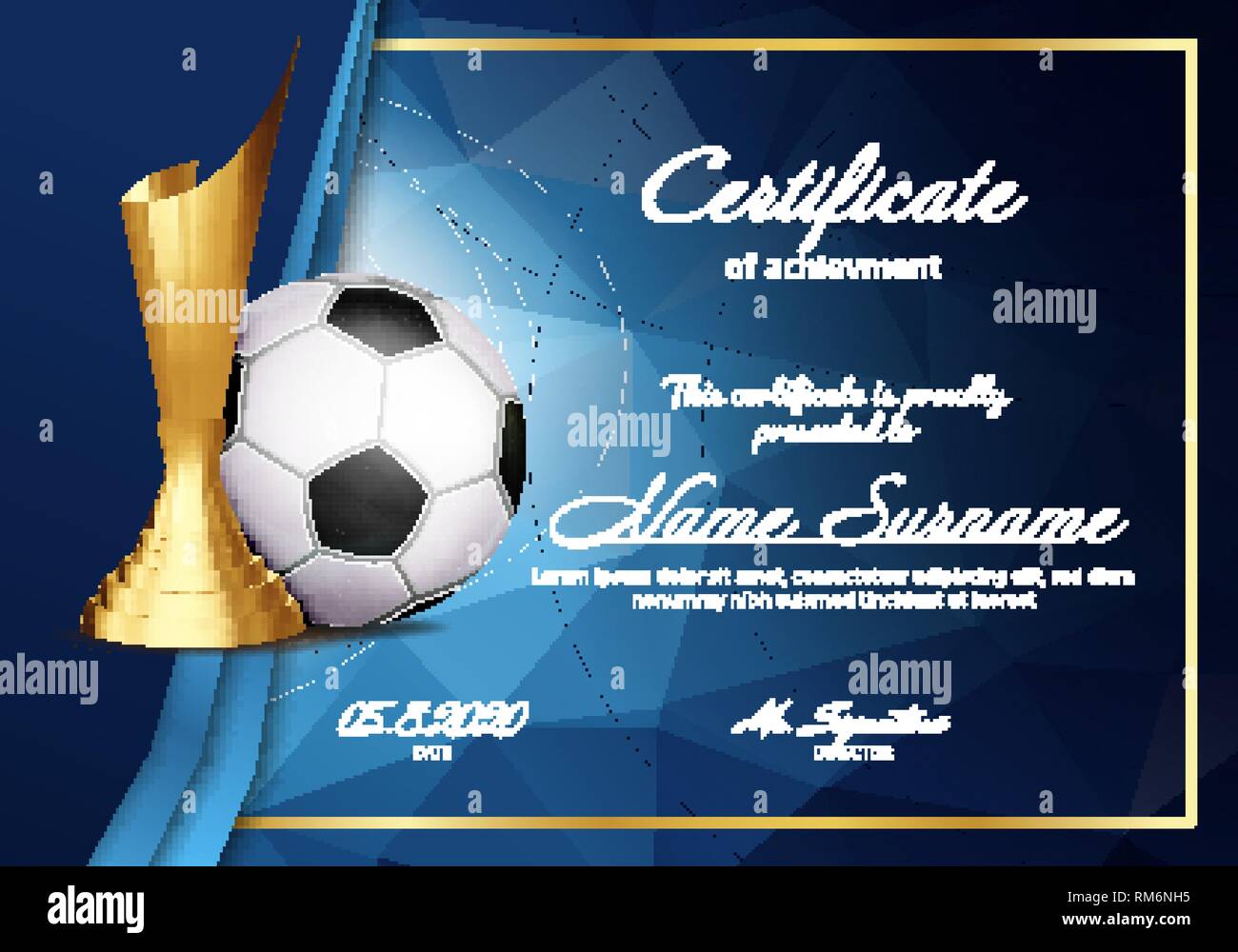 Soccer Diploma certificato con Golden Cup vettore. Sport laurearsi campione. Premio Migliore. Vincitore del Trofeo. A4 orizzontale. Illustrazione degli eventi Illustrazione Vettoriale