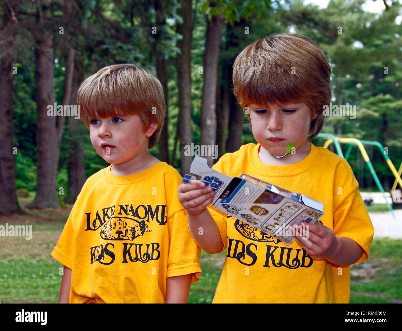 Twin fraterna ragazzi vestito uguali; camp t-shirts; carino; bandaid; fratelli; età 7, estate; Orizzontale; signor Foto Stock
