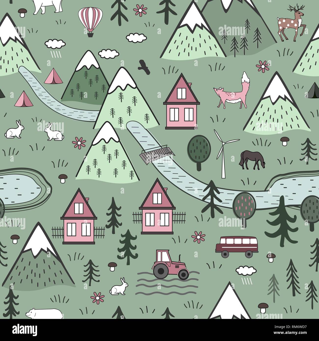 Carino disegnato a mano vettore scandinavo Seamless pattern con case, gli animali, gli alberi, antico castello e le montagne. Natura nordica concetto del paesaggio. Illustrazione Vettoriale