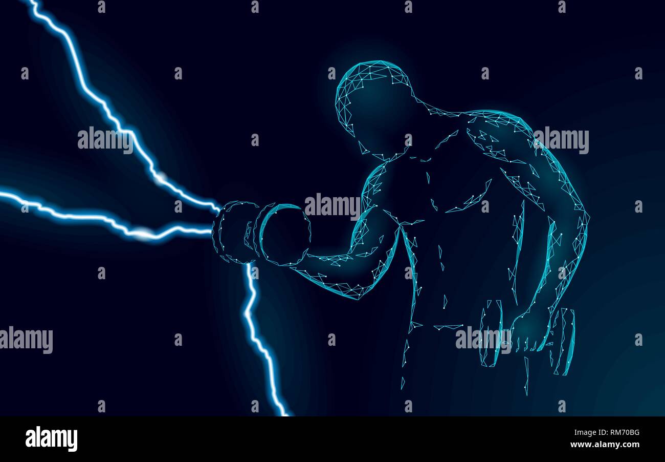 Forte di uno sportivo con peso 3D poligonale concetto astratto. Bassa poli fitness sport powerlifting forma del corpo. Maschio formazione dumbbell forza athletic Illustrazione Vettoriale