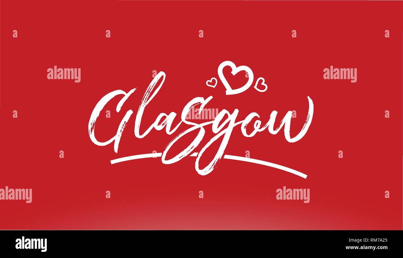 Glasgow città bianca scritto a mano il testo con cuore su sfondo rosso per il logo o design tipografia Illustrazione Vettoriale