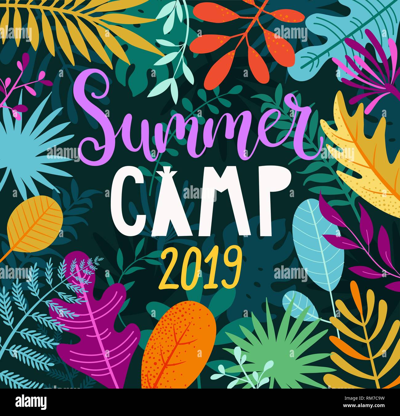 Summer Camp 2019 scritte su sfondo della giungla. Illustrazione Vettoriale