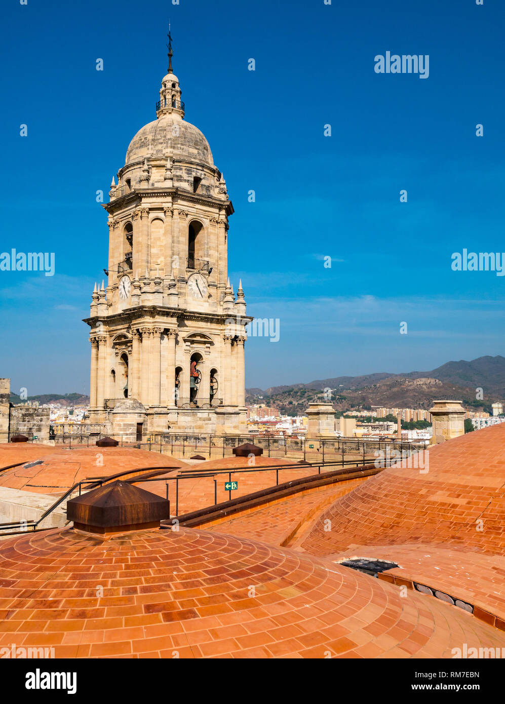 Insolita cupola del tetto in mattoni e la torre campanaria, Basilica Cattedrale, Malaga, Andalusia, Spagna Foto Stock