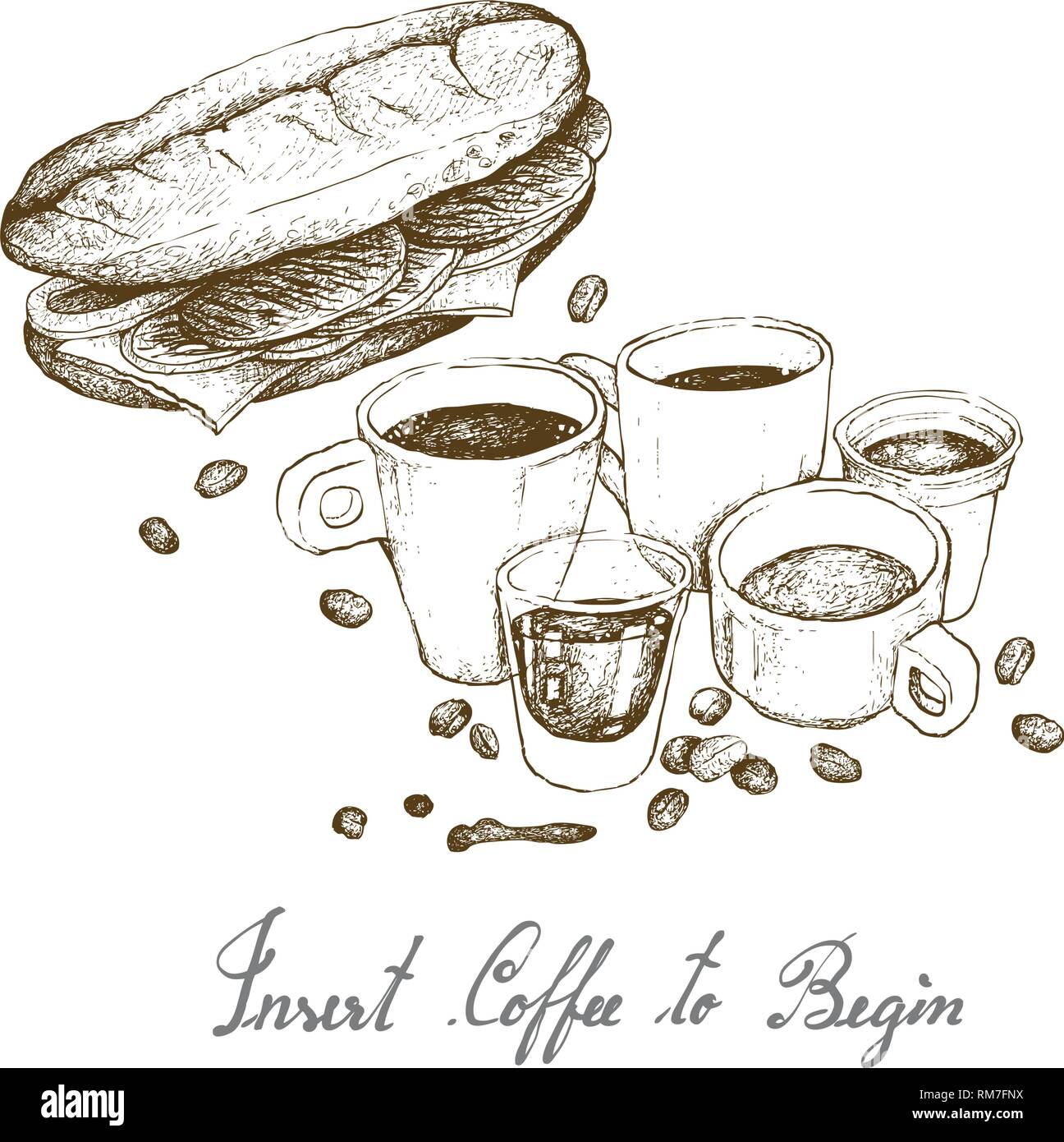 Inserire il caffè per iniziare, Illustrazione disegnata a mano schizzo di una tazza di caffè e vaso di vetro con fatti in casa fresca baguette isolato su bianco Backgro Illustrazione Vettoriale