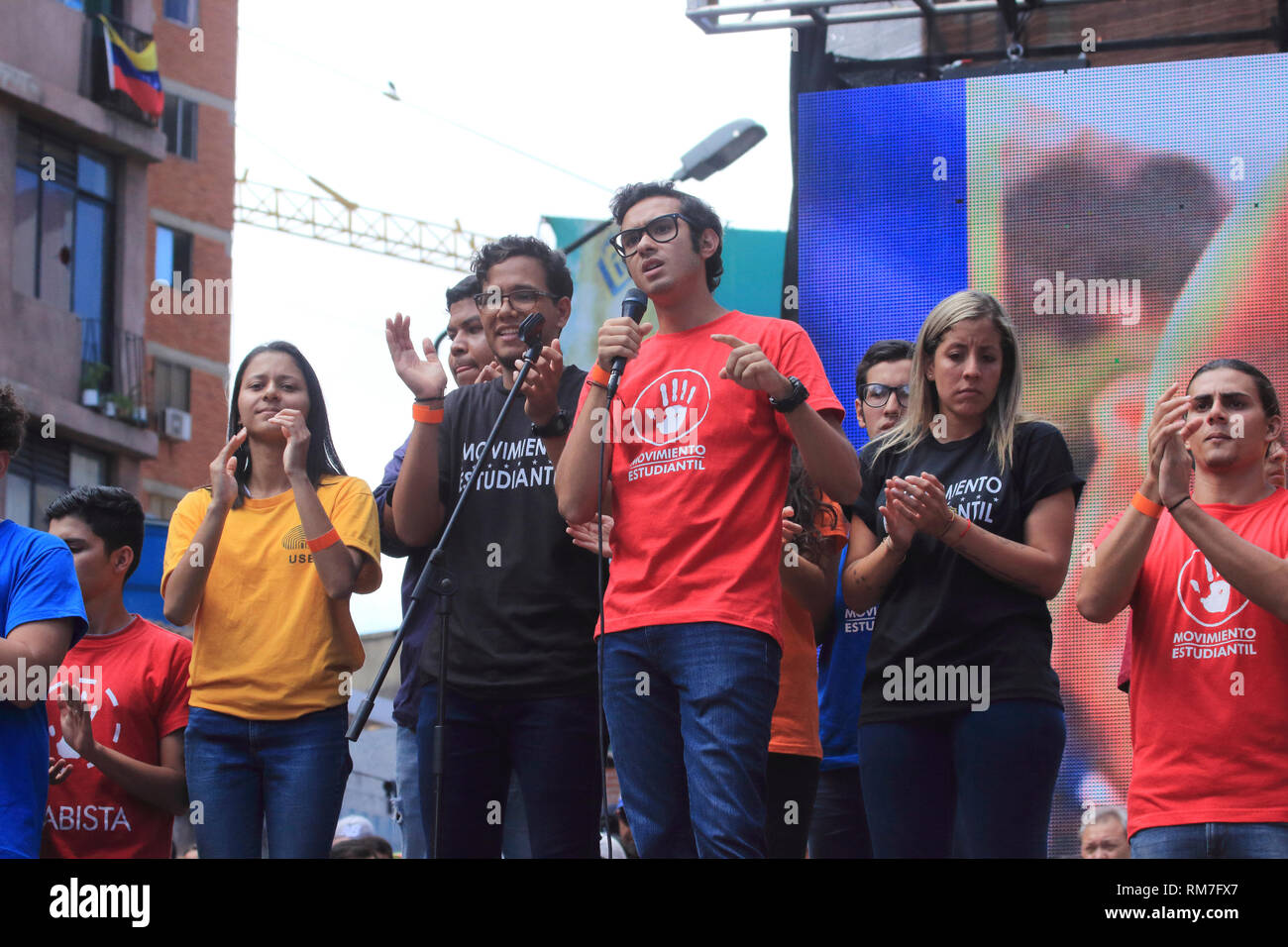 Caracas, Venezuela, 12 Febbraio 2019: i membri del movimento studentesco prende parte in un rally a commemorare la Giornata della Gioventù Foto Stock