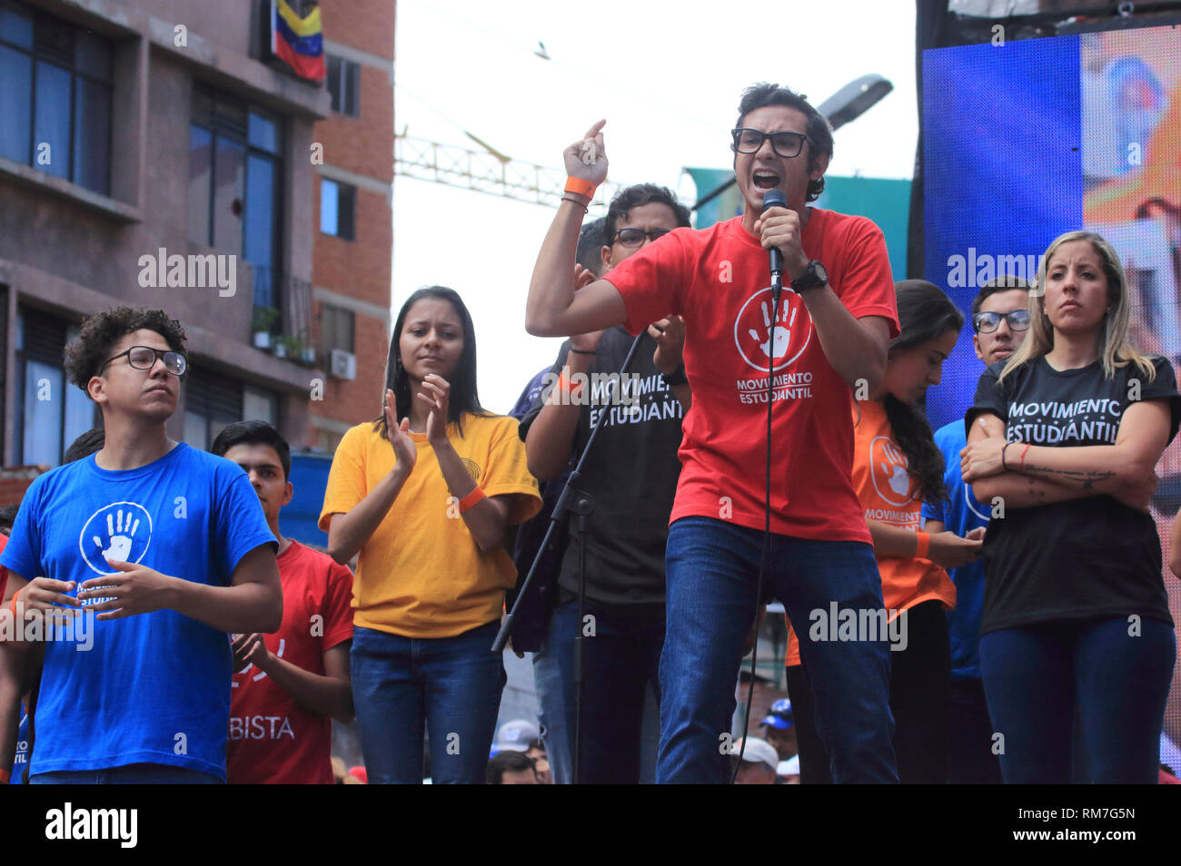 Caracas, Venezuela, 12 Febbraio 2019: i membri del movimento studentesco prende parte prende parte in un rally a commemorare la Giornata della Gioventù Foto Stock