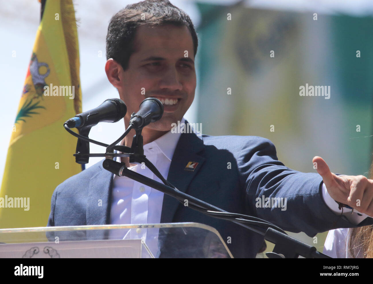Caracas, Venezuela Febbraio 12, 2019: immagine potente del venezuelano leader dell opposizione Juan Guaido, come frequenta un rally contro Nicolas Maduro il regime Foto Stock