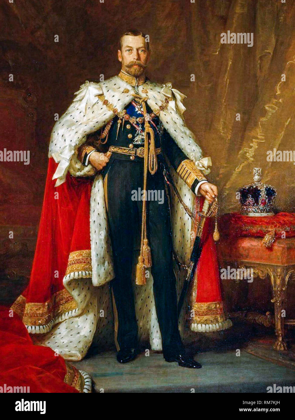 Re Giorgio V del Regno Unito (1865-1936), regno (1910-1936), in abiti di coronazione, ritratto dipinto da Sir Luke Fildes, circa 1911 Foto Stock