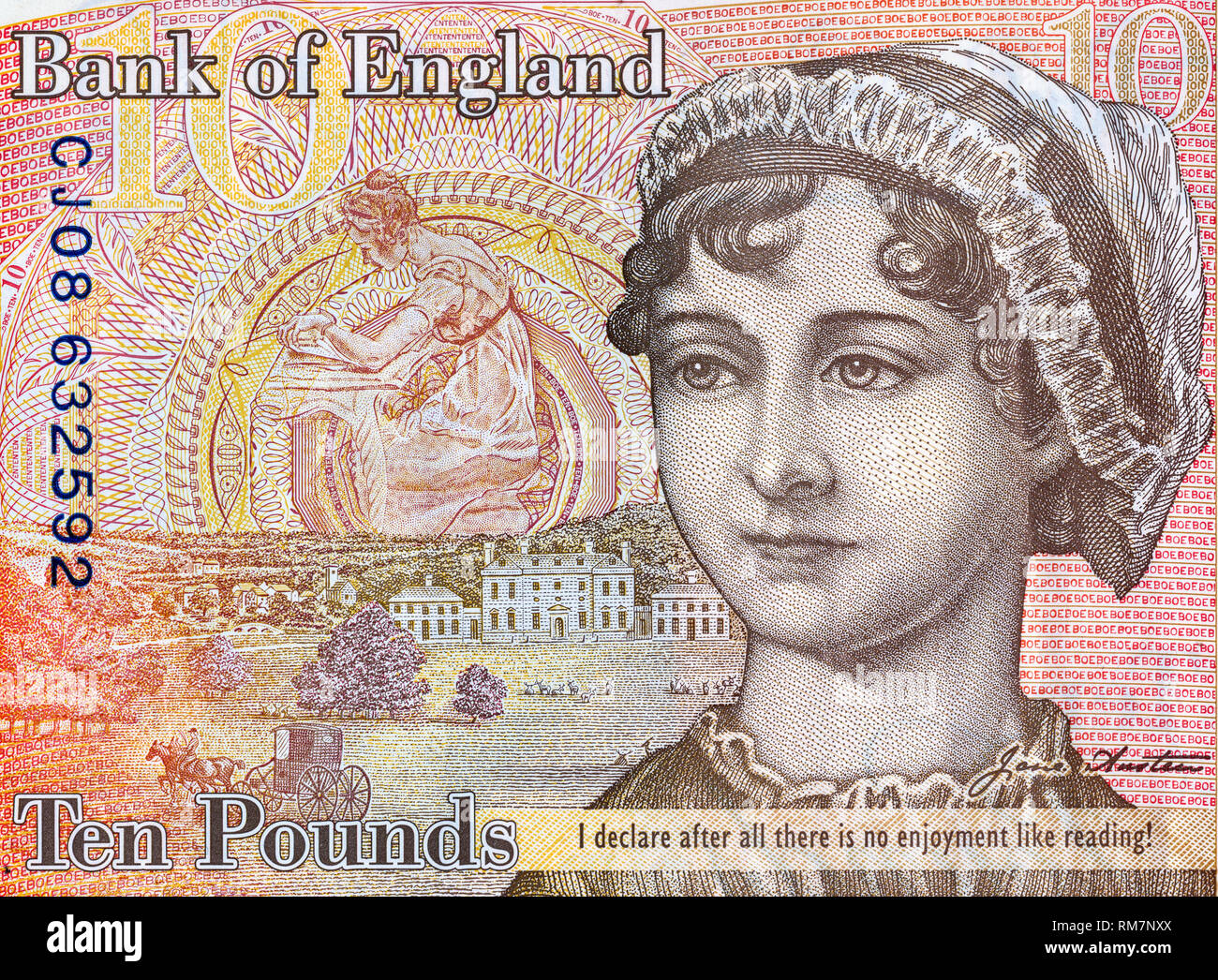 Valuta britannica dieci pound banconota, dettaglio. La sterlina è la valuta nazionale di Gran Bretagna Foto Stock