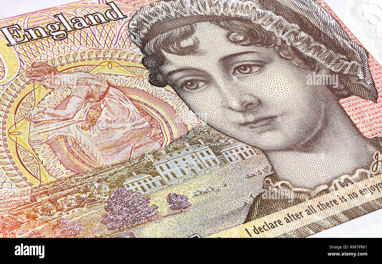 Valuta britannica dieci pound banconota, dettaglio. La sterlina è la valuta nazionale di Gran Bretagna Foto Stock