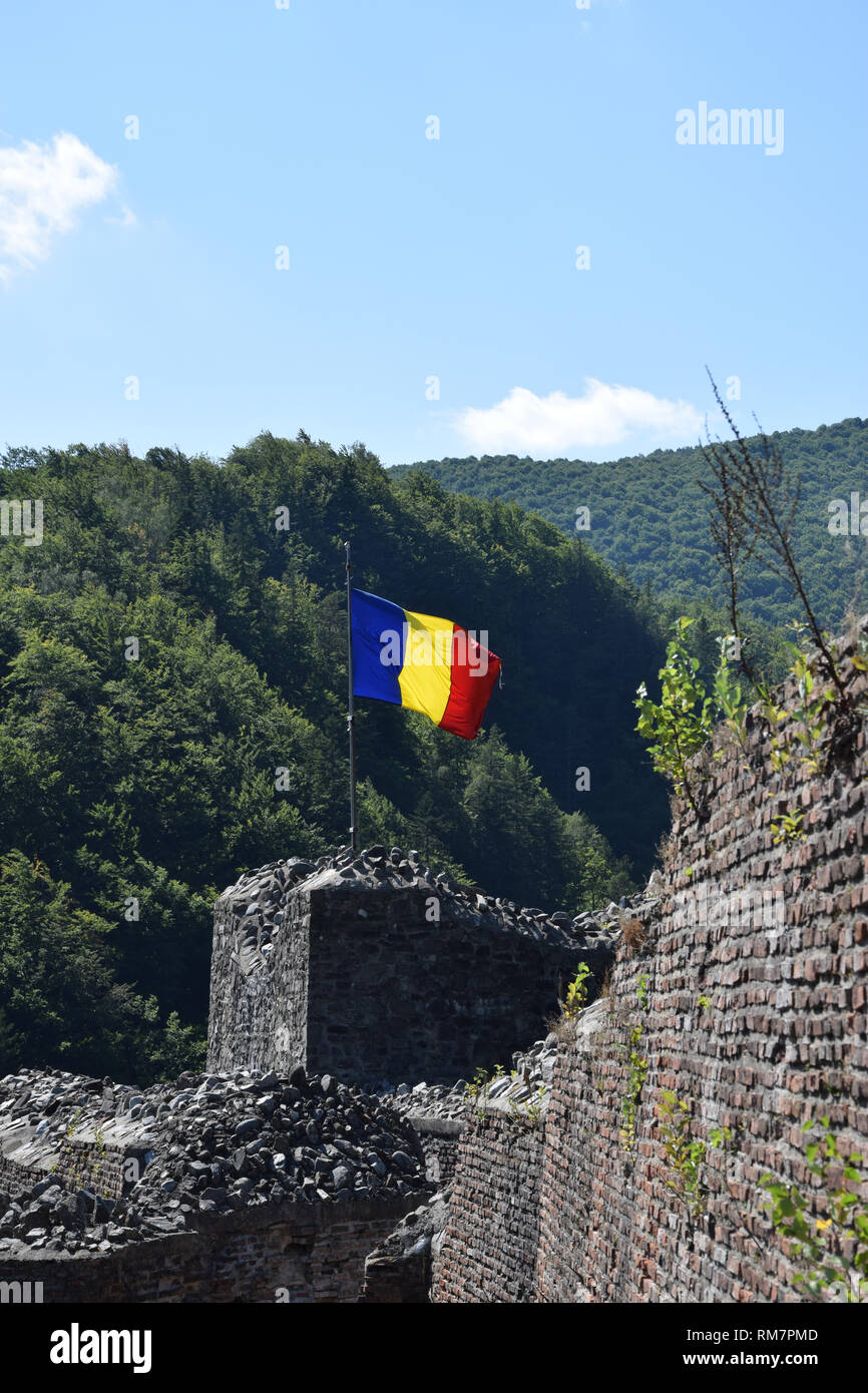Bandiera rumena sventolare nel vento presso la rovina del castello di Poenari. La Romania bandiera nazionale. Foto Stock