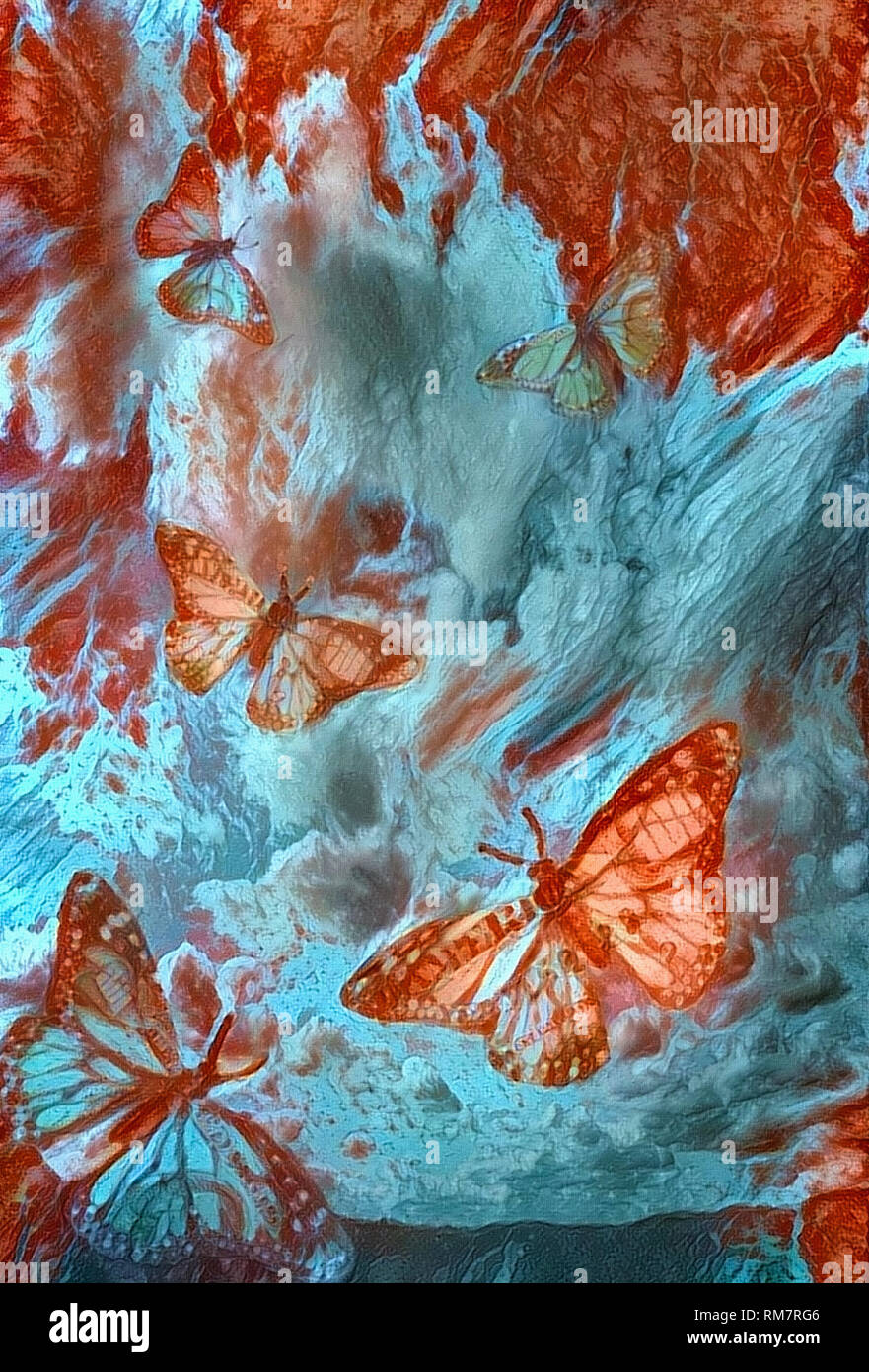 Una pittura astratta con bellissime farfalle Foto Stock