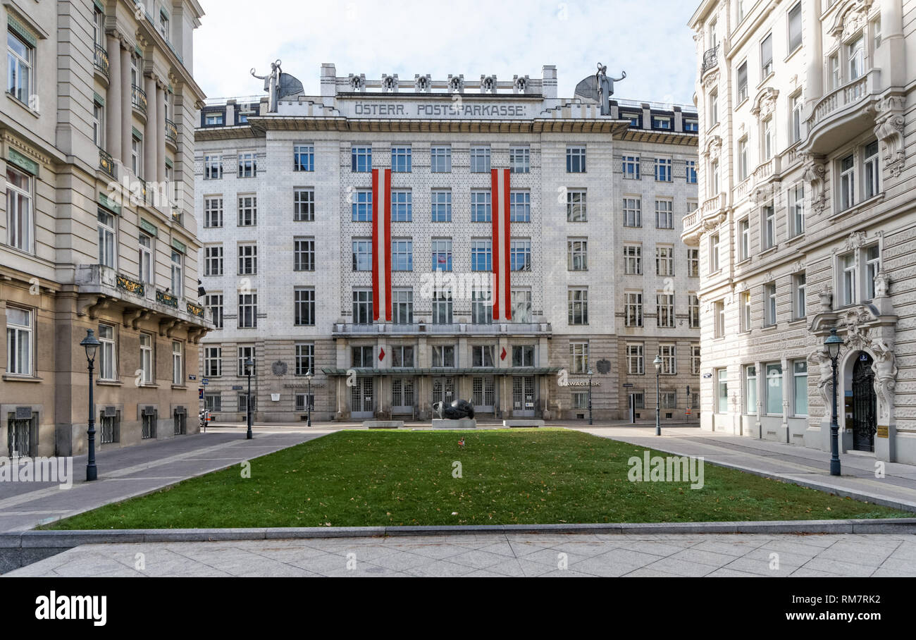 Stile Art Nouveau austriaca di Risparmio postale Bank Building a Vienna, Austria. Progettato e costruito dall'architetto Otto Wagner. Foto Stock