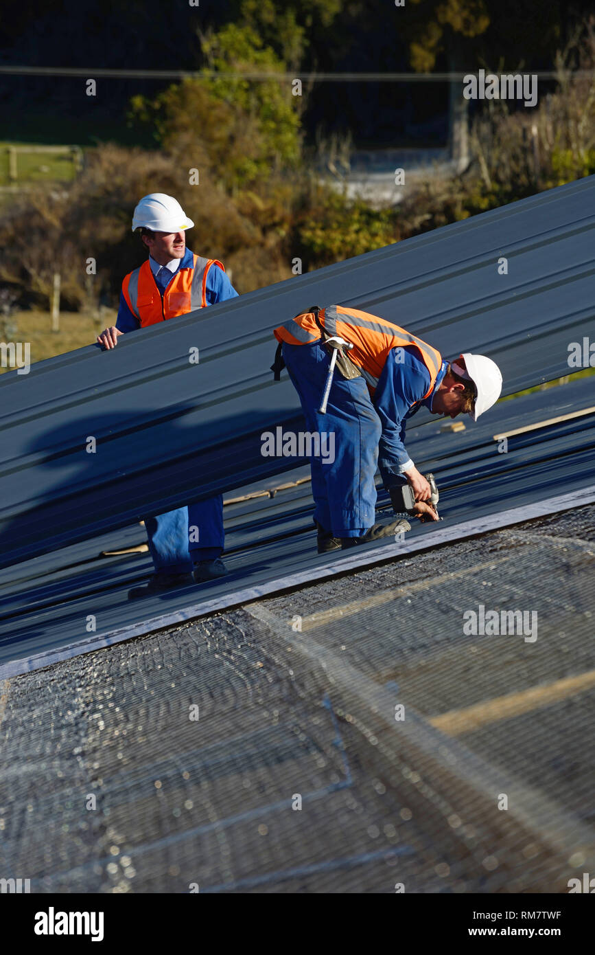 Un costruttore di viti di ferro di copertura per il tetto di un grande edificio commerciale vicino a Greymouth, Nuova Zelanda Foto Stock