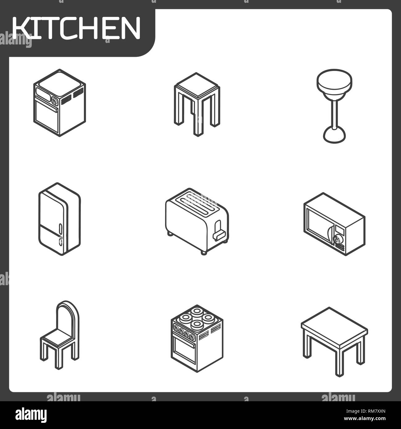 Cucina contorno isometrica Icone set. Illustrazione vettoriale EPS, 10 Illustrazione Vettoriale
