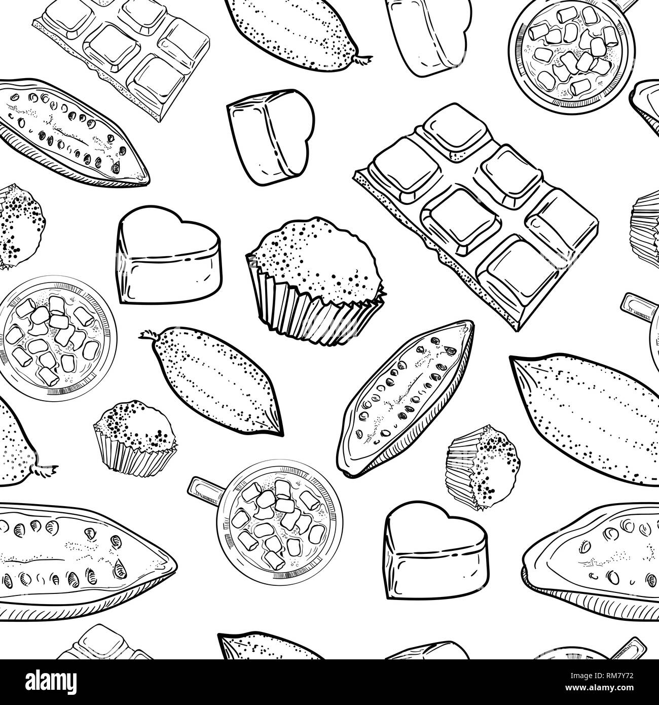 Disegnata a mano modello di diversi tipi di cioccolato stile sketch illustrazione vettoriale su sfondo bianco. Barrette di cioccolato, caramelle, fagioli, poroso Illustrazione Vettoriale