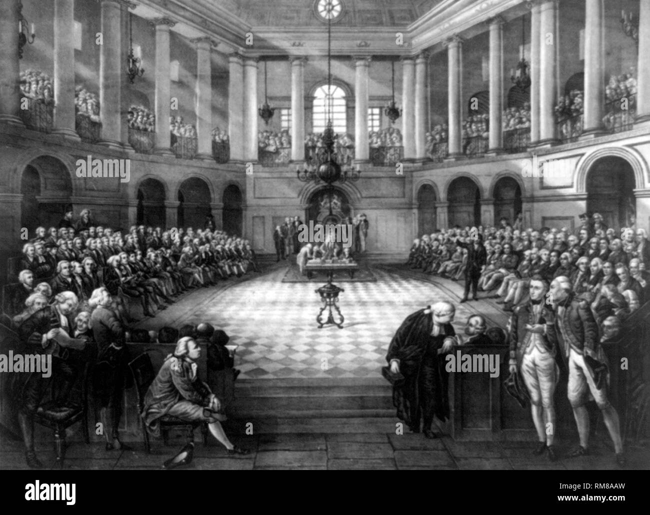 Litografia della Irish House of Commons parte della scorsa legislatura il Parlamento eletto in Irlanda nel 1790 nel vecchio edificio del parlamento in College Green. L'atto di unione nel 1801 dovrebbe rimuovere irlandesi europeo e formare il Regno Unito di Gran Bretagna e Irlanda. Immagine aggiornata utilizzando il restauro digitale e tecniche di ritocco Foto Stock