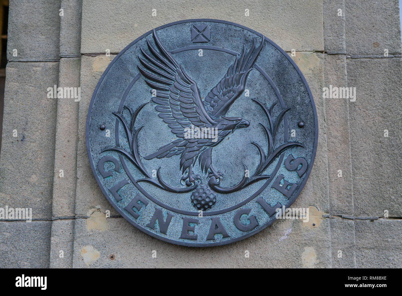 Placca a muro presso il famoso hotel a Gleneagles, Scozia Foto Stock