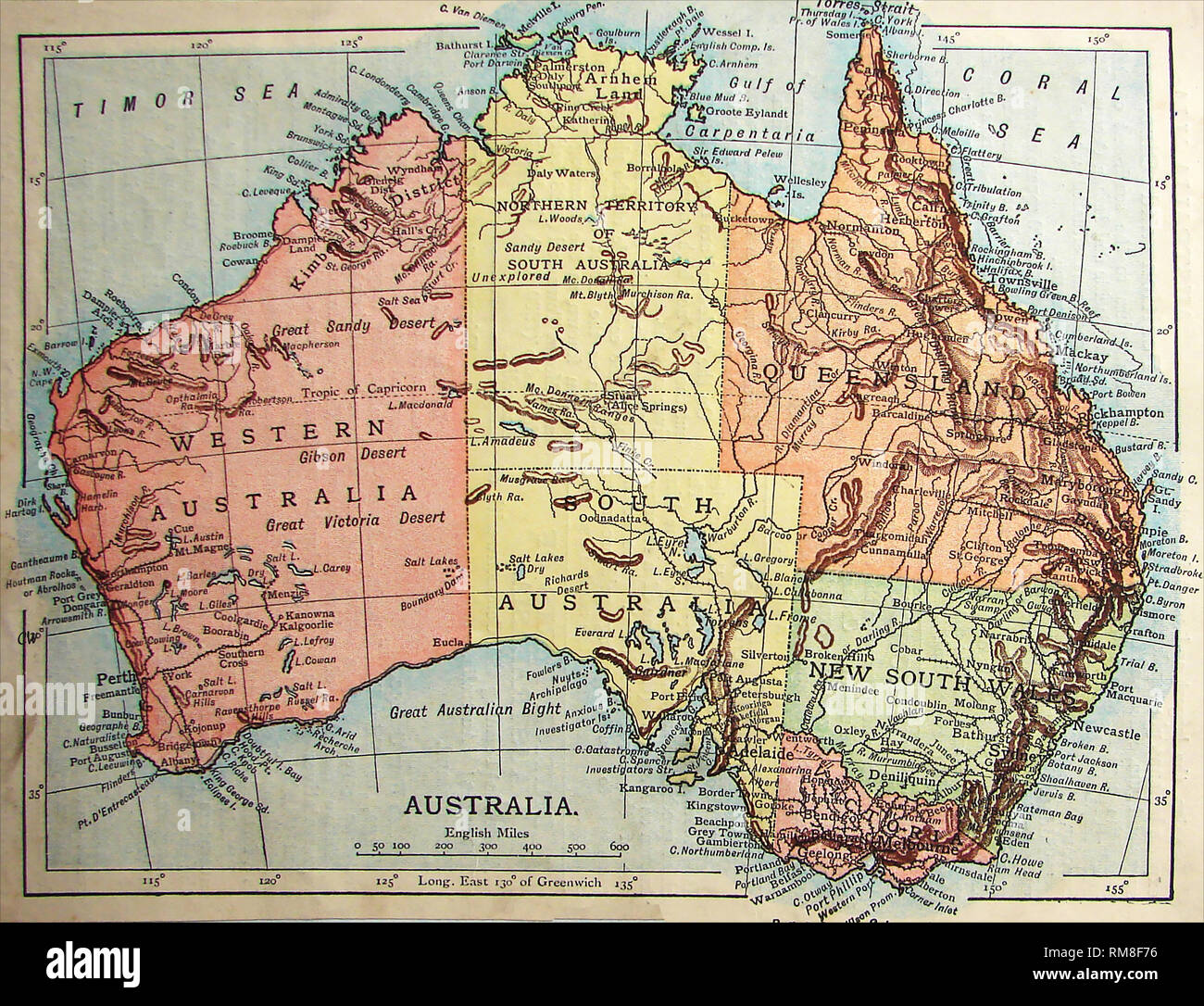 Mappa colorata di Australia 1901 mostra inesplorate regioni Foto Stock