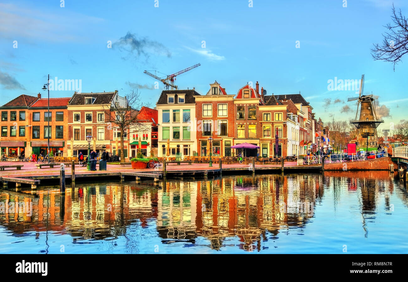 Case tradizionali accanto a un canale in Leiden - South Holland, Paesi Bassi Foto Stock