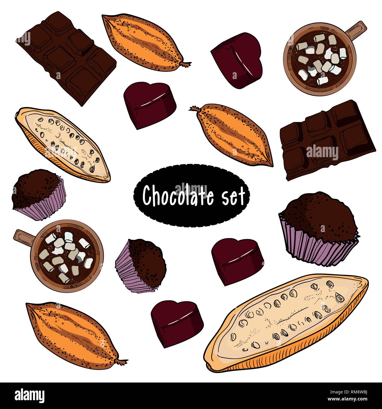 Disegnata a mano insieme di colori differenti tipi di cioccolato stile sketch illustrazione vettoriale su sfondo bianco. Barrette di cioccolato, caramelle, fagioli, poroso Illustrazione Vettoriale