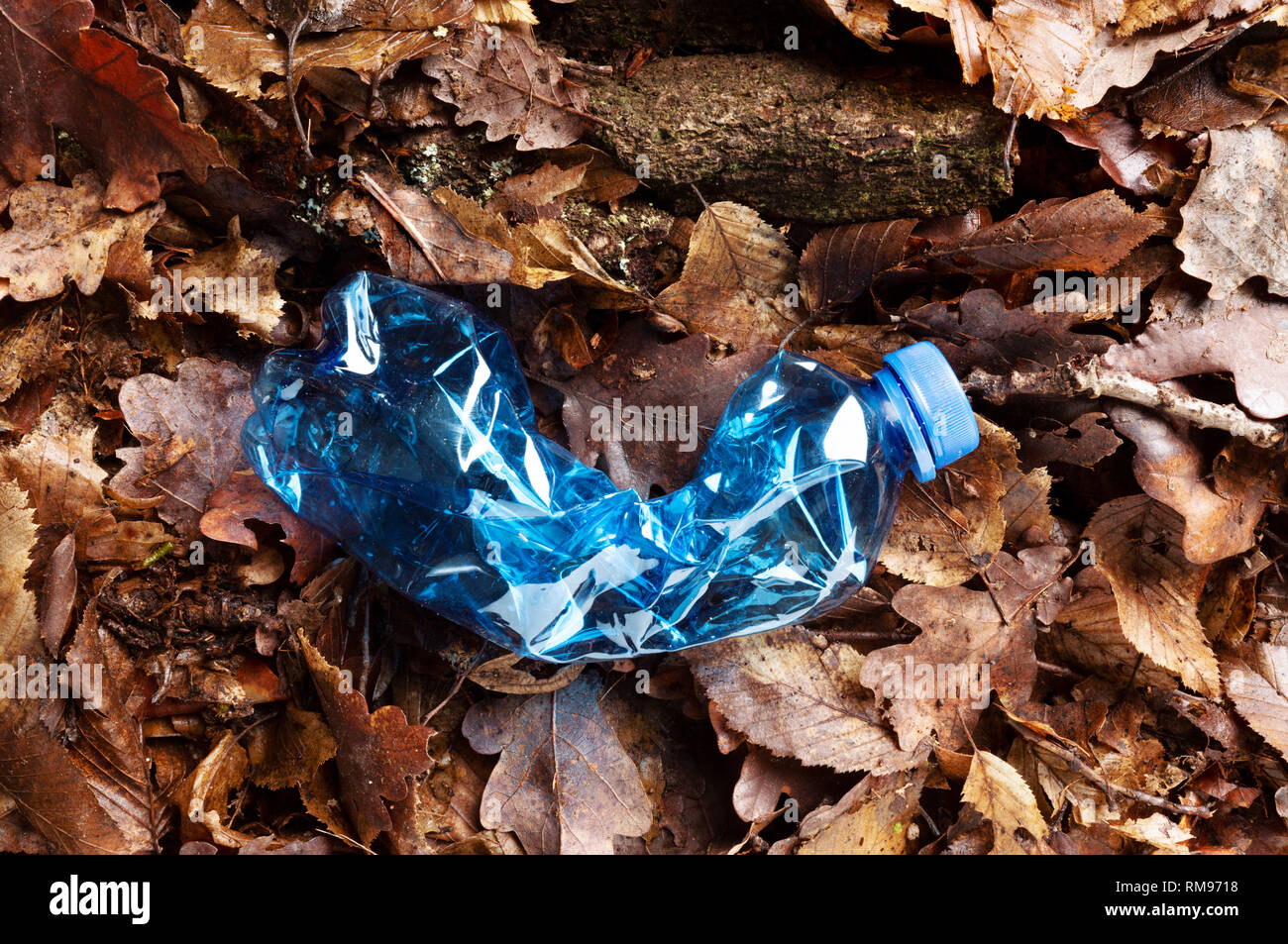 Ancora la vita di un vuoto utilizzato la bottiglia di plastica dei rifiuti sul suolo della foresta come un inquinamento ambientale closeup Foto Stock