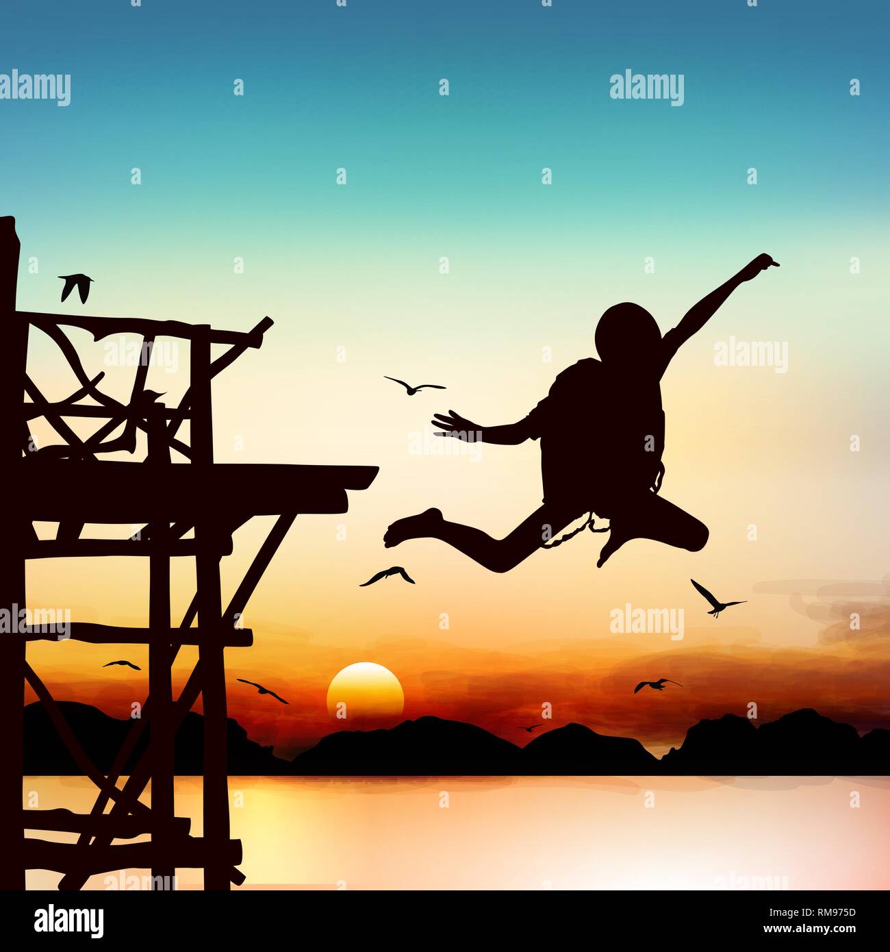 Silhouette e saltando boy nel crepuscolo con il blu del cielo. Illustrazione Vettoriale