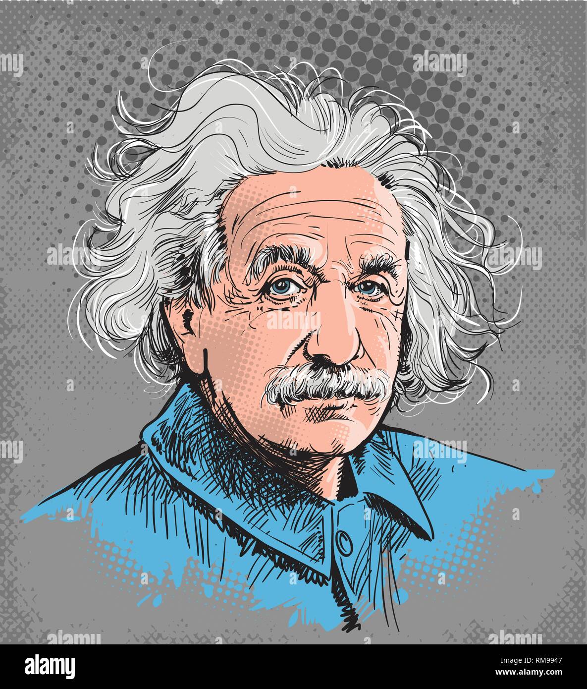 Albert Einstein ritratto in linea tecnica illustrazione. Egli era un tedesco-nato fisico teorico che hanno sviluppato la teoria della relatività. Livelli modificabili. Illustrazione Vettoriale