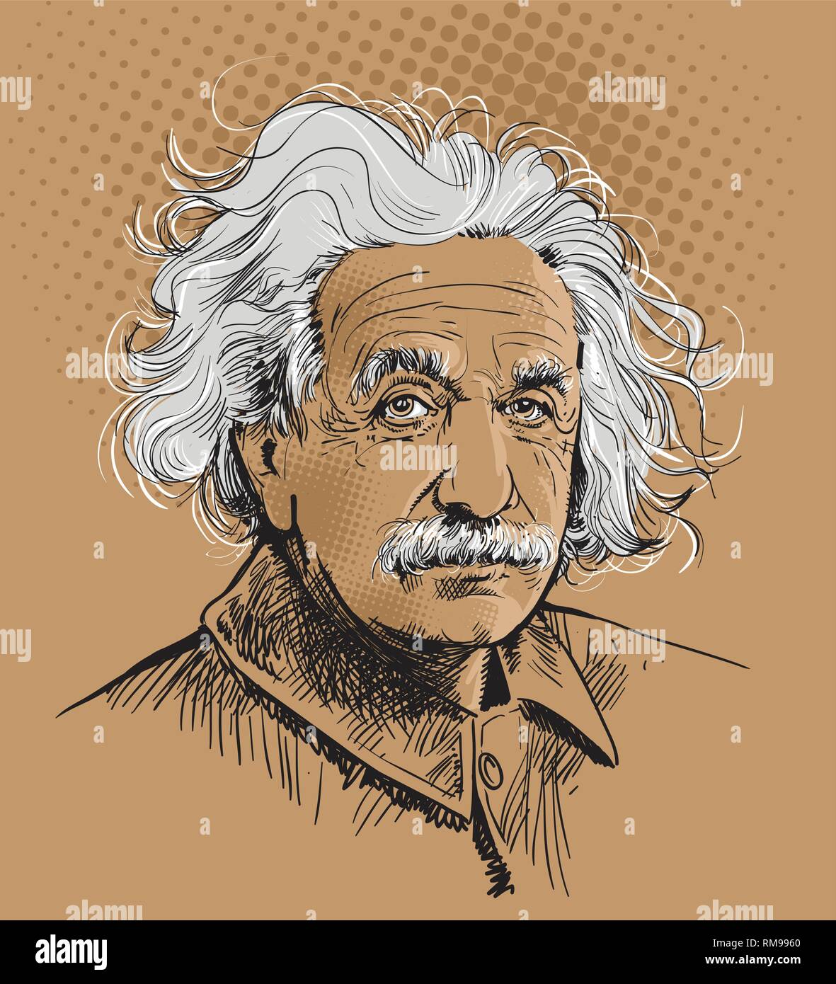 Albert Einstein ritratto in linea tecnica illustrazione. Egli era un tedesco-nato fisico teorico che hanno sviluppato la teoria della relatività. Livelli modificabili. Illustrazione Vettoriale