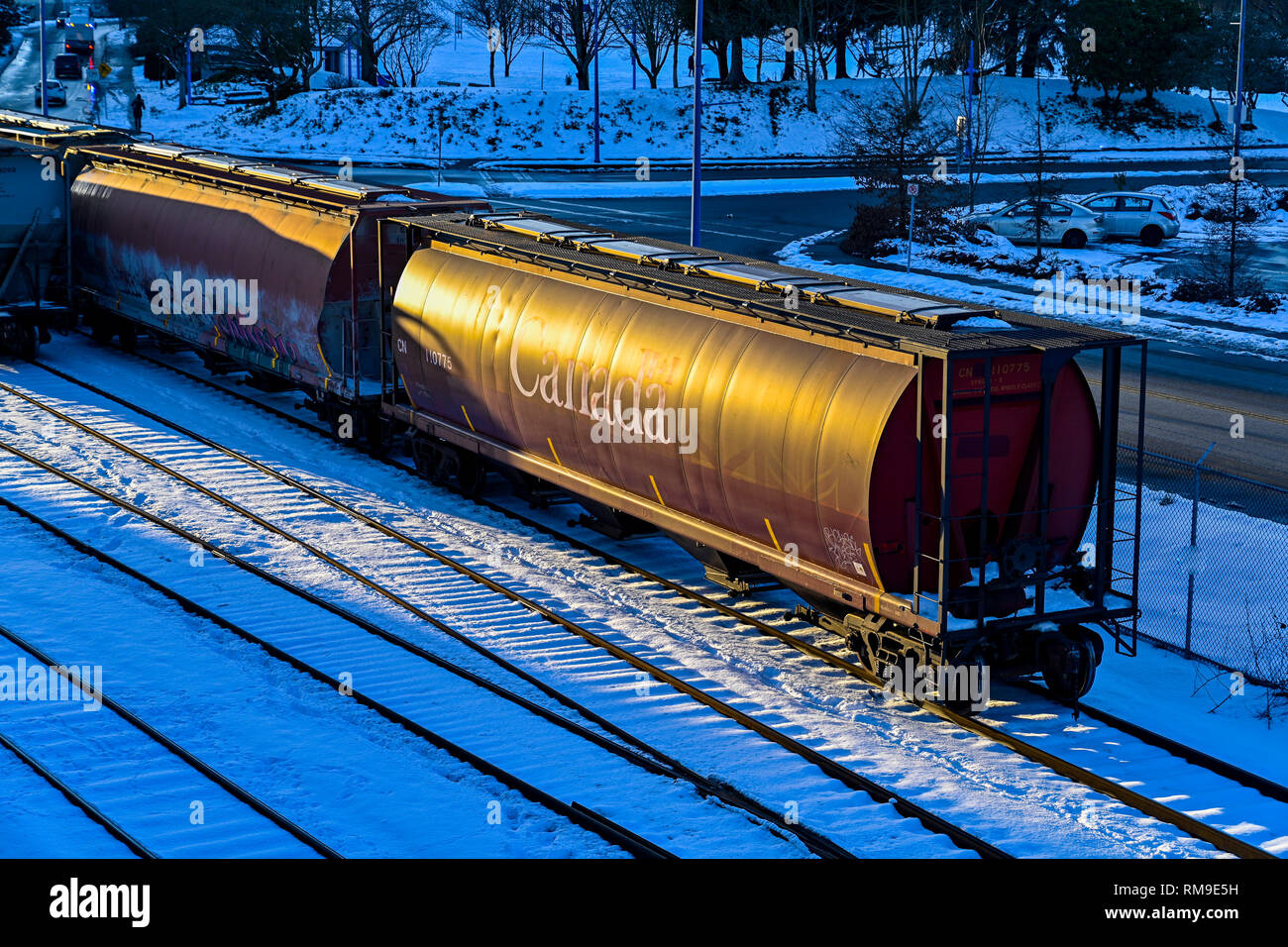 Treno merci vetture a schierata in inverno, Vancouver, British Columbia, Canada Foto Stock