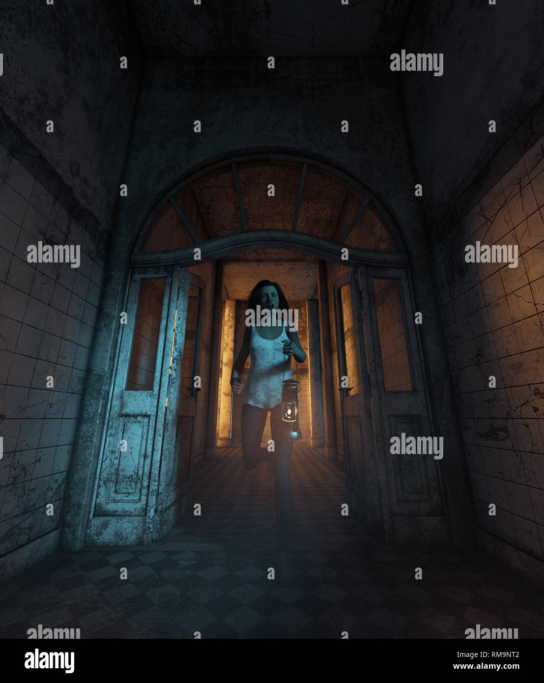 La ragazza viene perduto in Haunted House,3d illustrazione Foto Stock