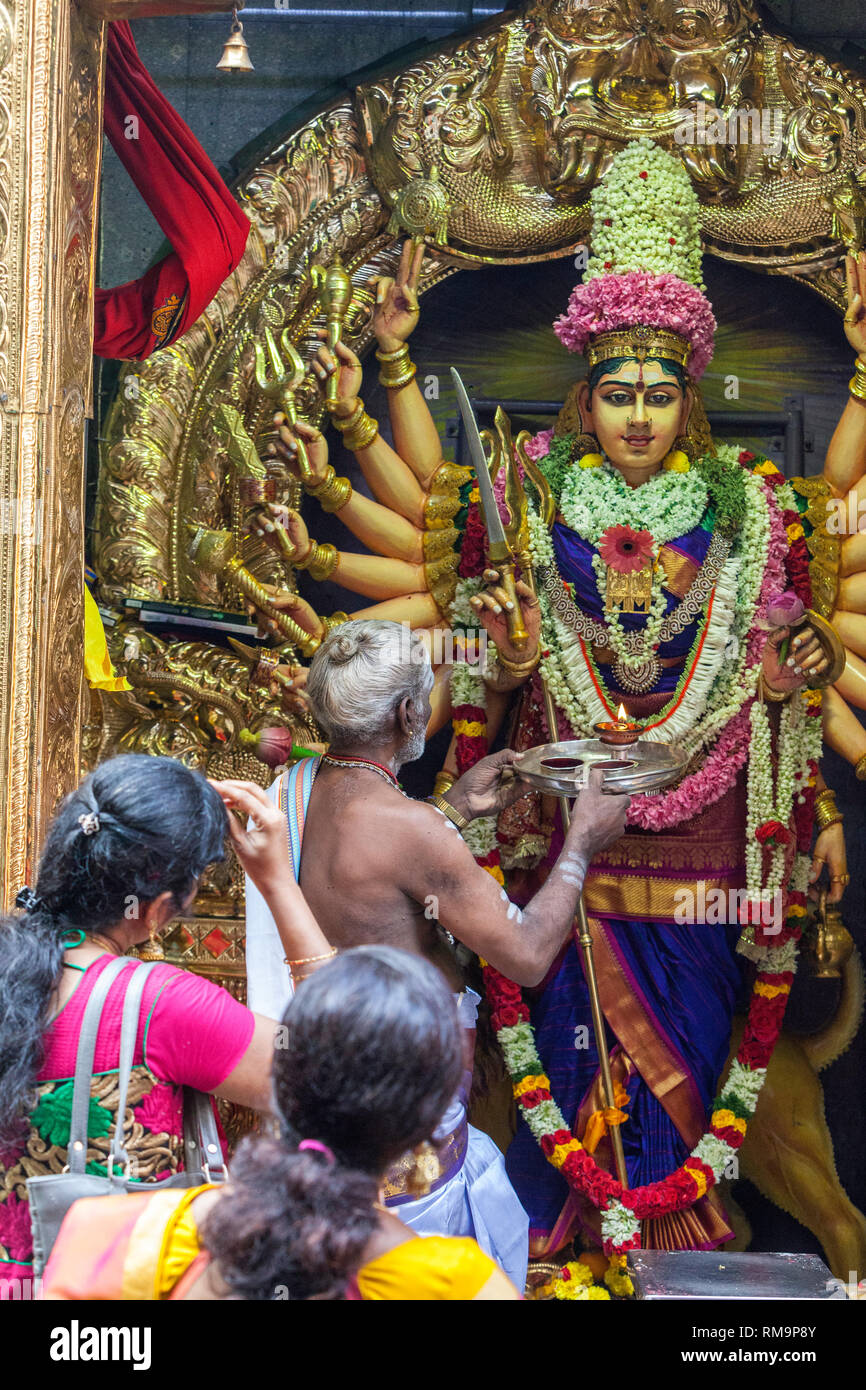 Tempio Indù Sri Vadapathira Kaliamman durante le celebrazioni Navarathiri, Singapore. Il sacerdote Indù che esegue il rituale prima della divinità Indù.e. Foto Stock