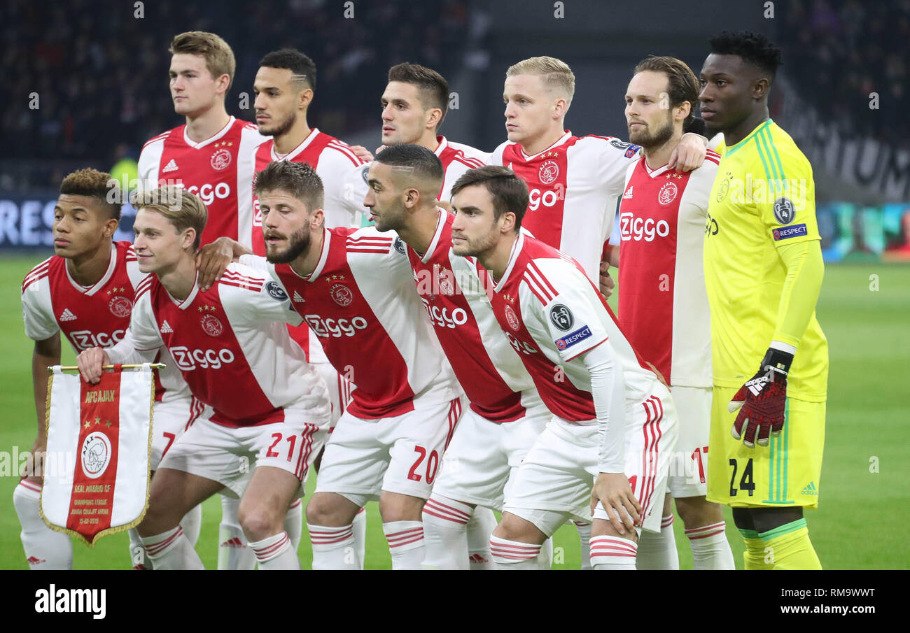 Amsterdam, Paesi Bassi. Xiii Febbraio, 2019. Team Ajax Amsterdam durante la  UEFA Champions League, round di 16, 1° gamba partita di calcio tra Ajax e  Real Madrid il 13 febbraio 2019 a