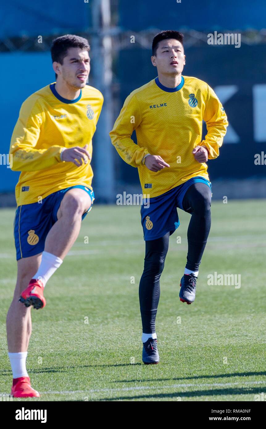Barcellona, Spagna. Xiv Feb, 2019. Wu Lei (R) della Cina prende parte ad aprire la sessione di formazione del campionato spagnolo team RCD Espanyol di Barcellona, Spagna, il 14 febbraio, 2019. Credito: Joan Gosa/Xinhua/Alamy Live News Foto Stock